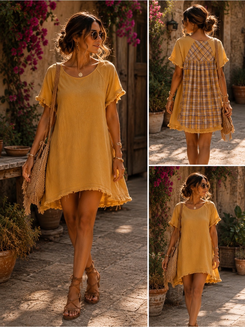 Umgee Mustard Plaid-Trim Short Sleeve Shirt Dress